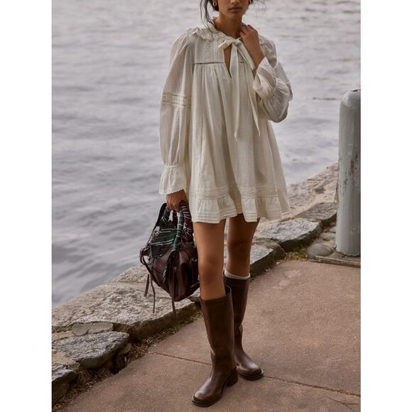 Free People Dresses & Skirts - Free People Cream Long Sleeve Lace-Trim Dress